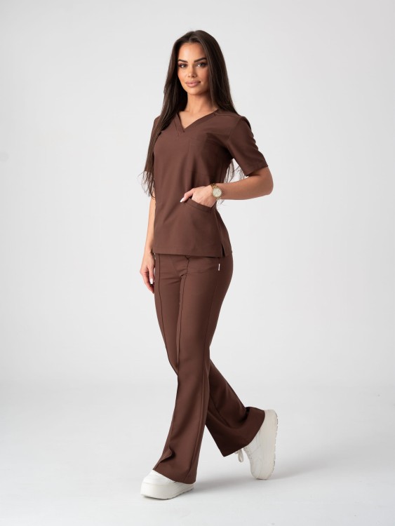 Spodnie medyczne damskie scrubs DZWONY CINNAMON BROWN